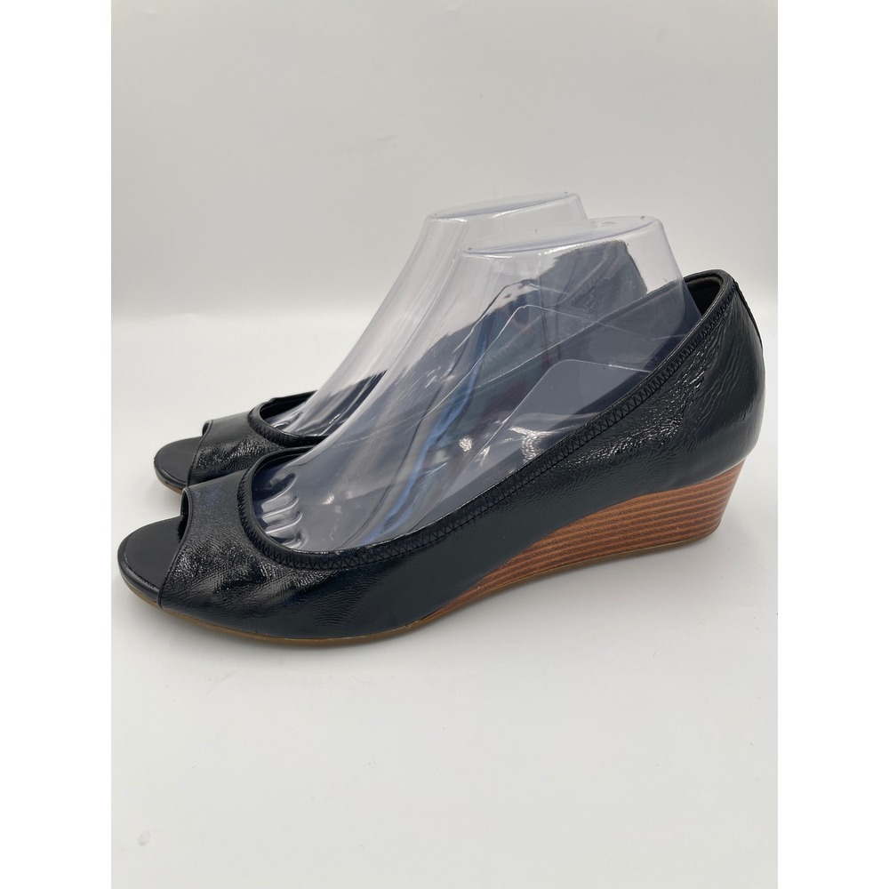 Cole Haan Nike Air Tali Black Patent Leather Peep Toe Low Wedge Pumps Size 8.5 B